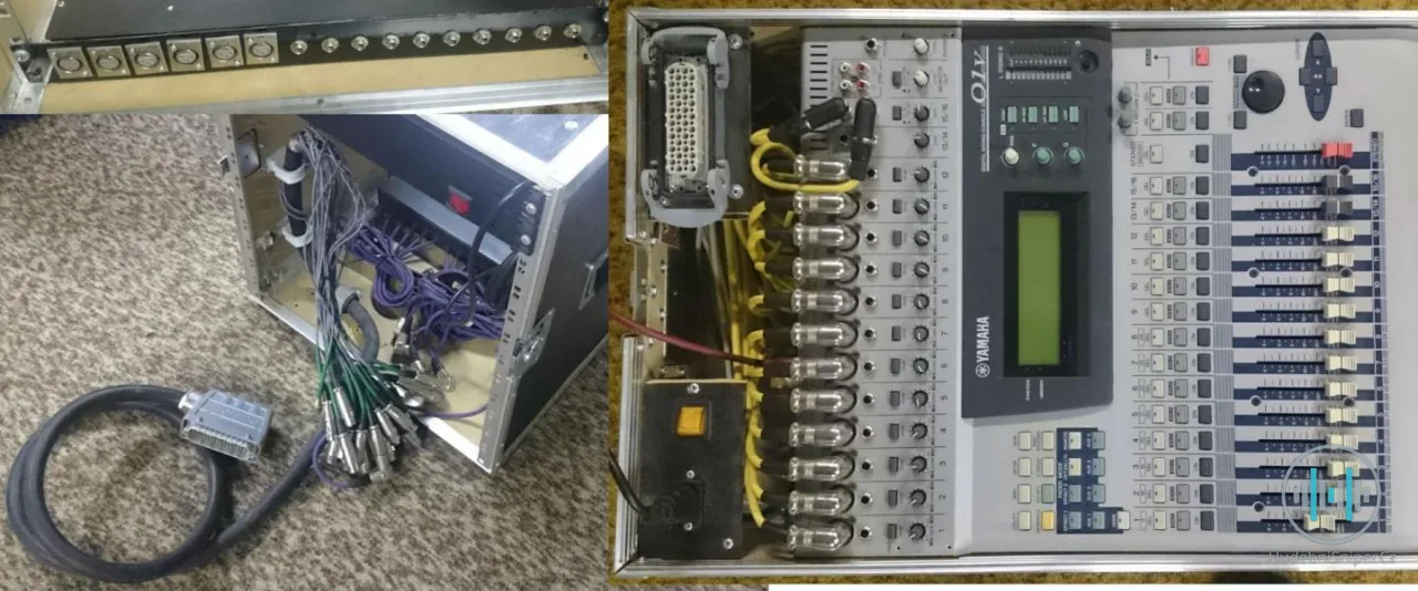 Yamaha 01V s prepojovacím multikáblom a rozvodným case