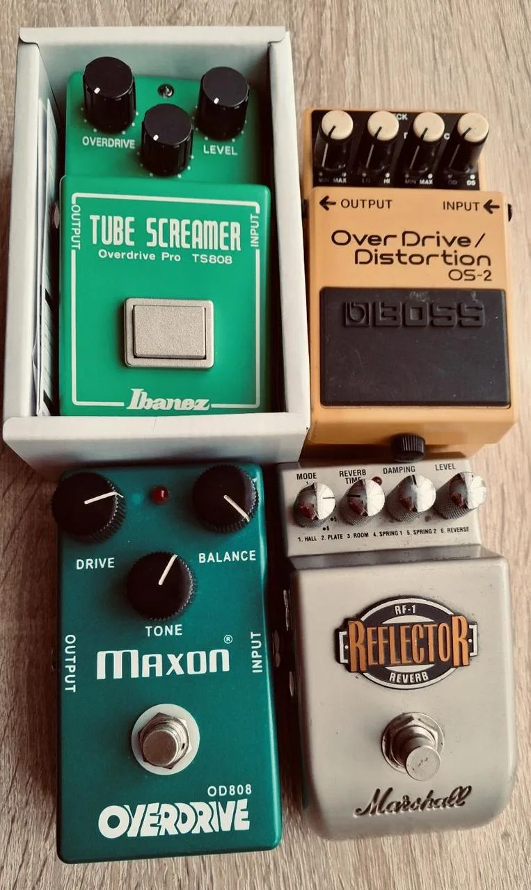 Pedals. Ibanez OD808, Maxon 808, Boss os-2, Marshall rf-1,